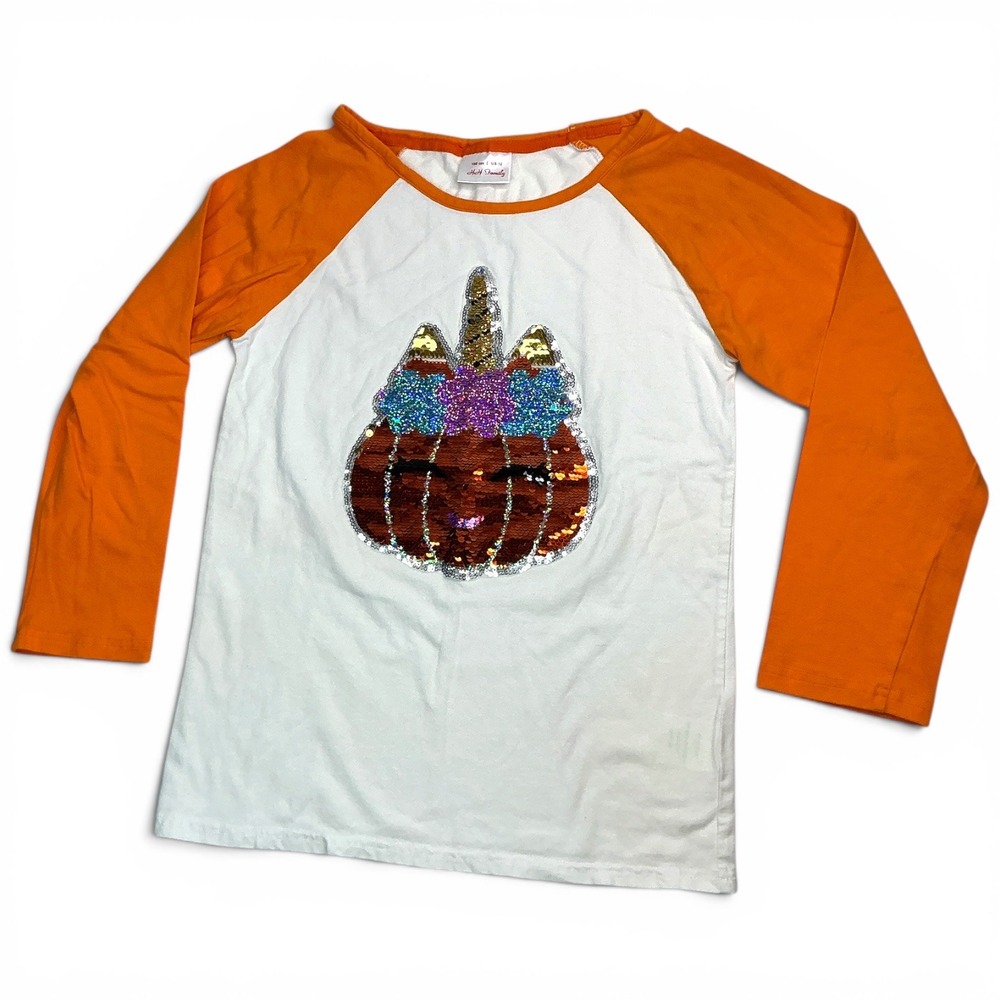 HH Family Orange White‎ Raglan Shirt Kids Size 12 Sequin Pumpkin Unicorn Top